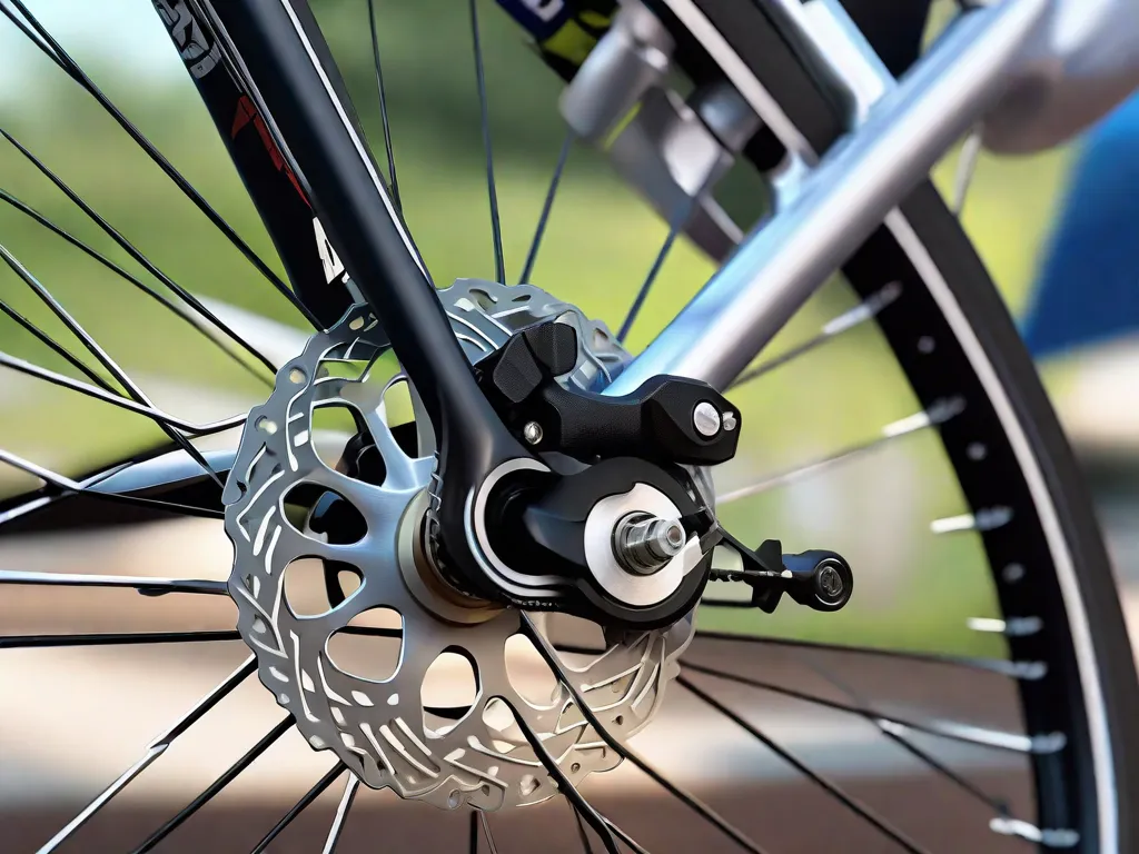 Descrição da imagem: Um close-up de uma roda de bicicleta com um sistema de freio a disco. O foco está na pinça de freio e no rotor, mostrando o mecanismo intricado. A mão do ciclista está ajustando a alavanca de freio, demonstrando o processo de ajuste fino dos freios a disco para um desempenho ótimo.