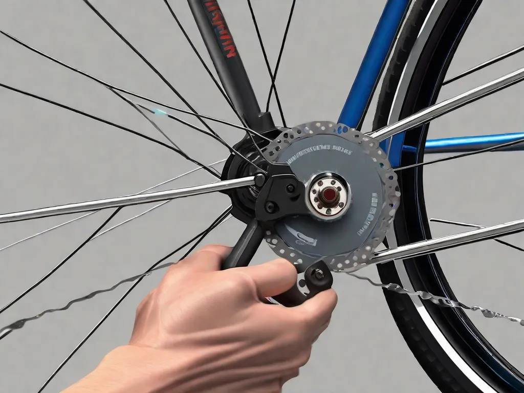 Descrição da imagem: Um close-up de uma roda de bicicleta com um sistema de freio a disco. A imagem mostra a mão de um mecânico ajustando o calibrador de freio e alinhando as pastilhas de freio com o disco. As ferramentas utilizadas para o ajuste, como uma chave Allen, são visíveis no quadro.