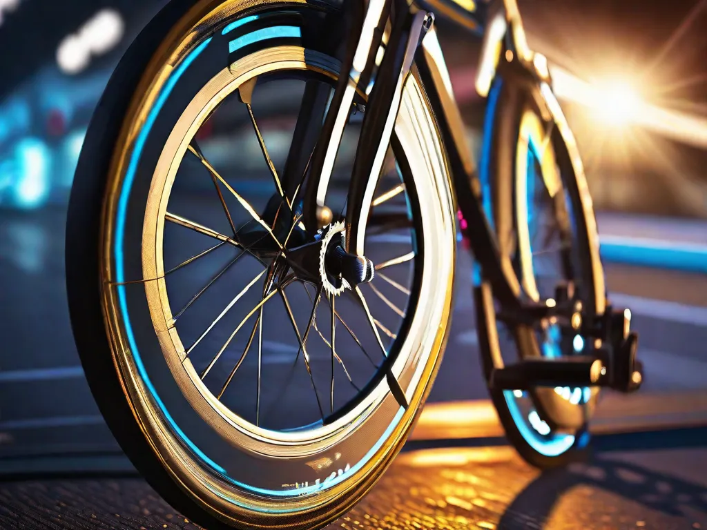Descrição da Imagem: Um close-up de uma roda de bicicleta em movimento, com os raios borrados e a luz do sol lançando um reflexo vibrante na borda. A imagem captura a essência do equilíbrio e da coordenação, simbolizando as habilidades fundamentais necessárias para o ciclismo.