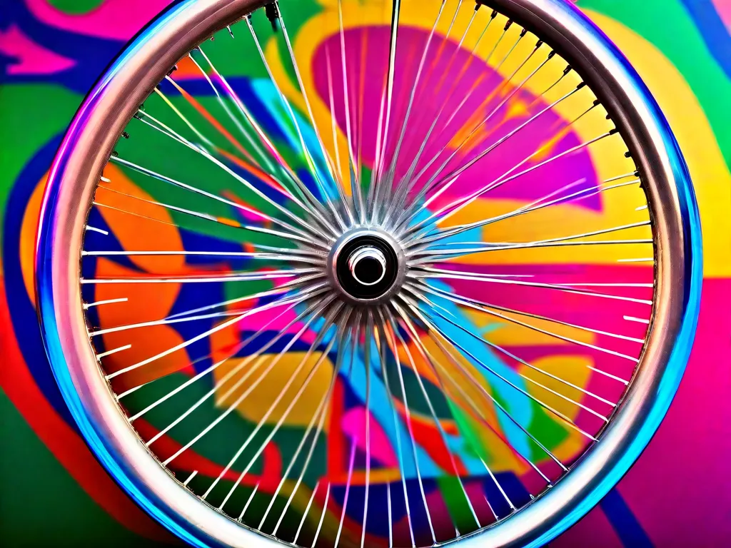 Um close-up de uma roda de bicicleta girando contra um fundo vibrante, simbolizando as várias interpretações e significados que podem estar associados ao sonhar com bicicletas. Os arredores borrados representam as diferentes perspectivas e emoções que as pessoas podem ter ao refletir sobre seus sonhos.