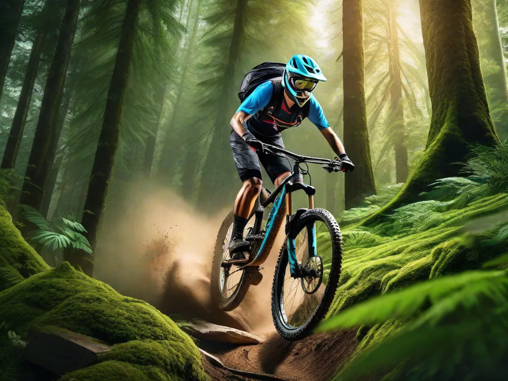 Uma imagem vibrante de um ciclista de montanha navegando por uma trilha emocionante, cercado por vegetação exuberante e árvores imponentes. O ciclista está usando equipamentos de proteção, mostrando a emoção e adrenalina de explorar trilhas de mountain bike.