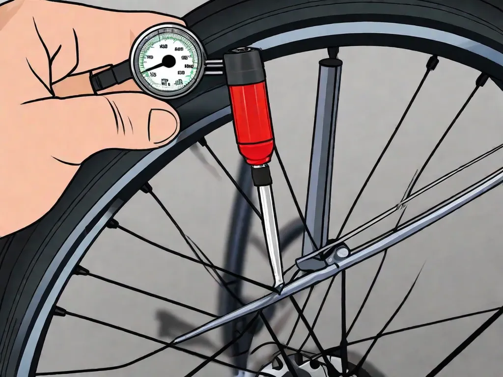 Descrição da imagem: Um close-up da mão de uma pessoa usando um medidor de pressão de pneus para verificar a pressão do ar em um pneu de bicicleta. O foco está no medidor, mostrando os números que indicam a pressão. O fundo mostra um pneu de bicicleta e uma bomba, enfatizando a importância da inflação adequada dos pneus para um passeio suave e seguro.