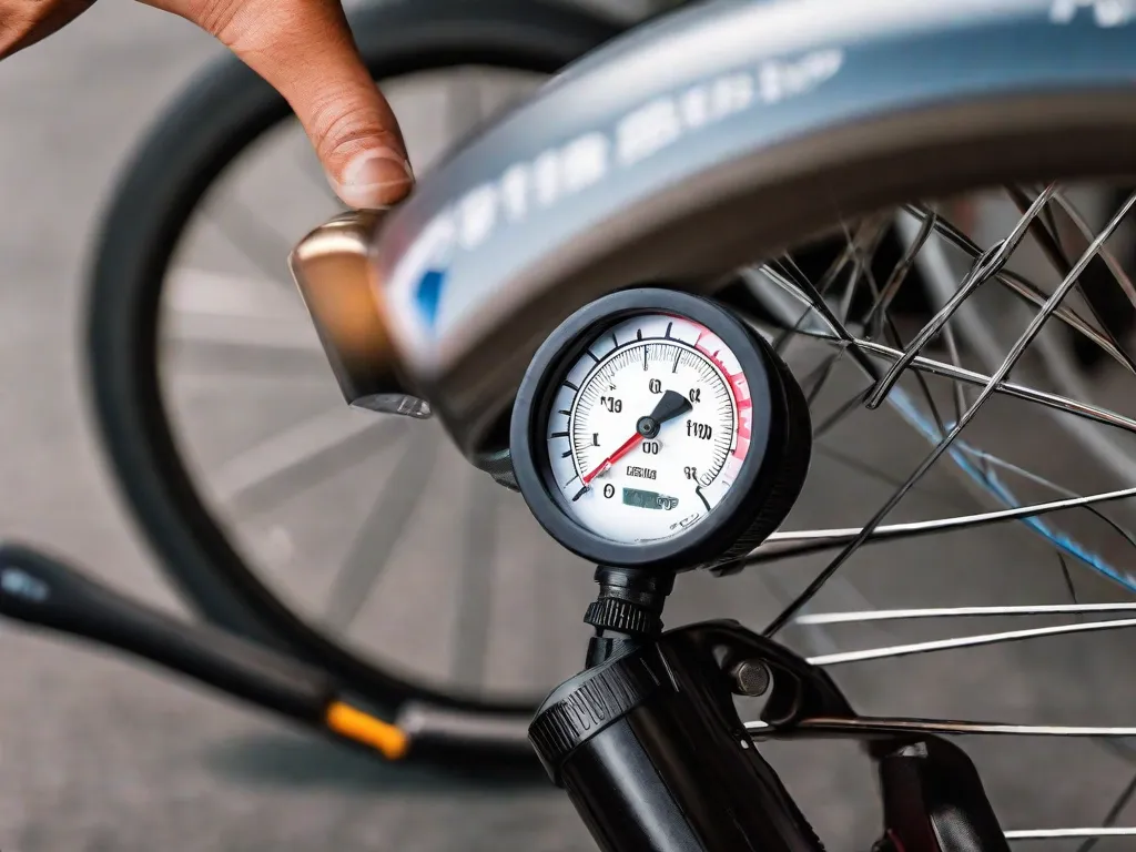 Descrição da imagem: Um close-up de uma mão usando um medidor de pressão para verificar a pressão dos pneus de uma bicicleta. A mão segura firmemente o medidor, enquanto o mesmo exibe a medição da pressão. O fundo mostra uma bomba de bicicleta e um conjunto de ferramentas de bicicleta organizadas de forma ordenada.